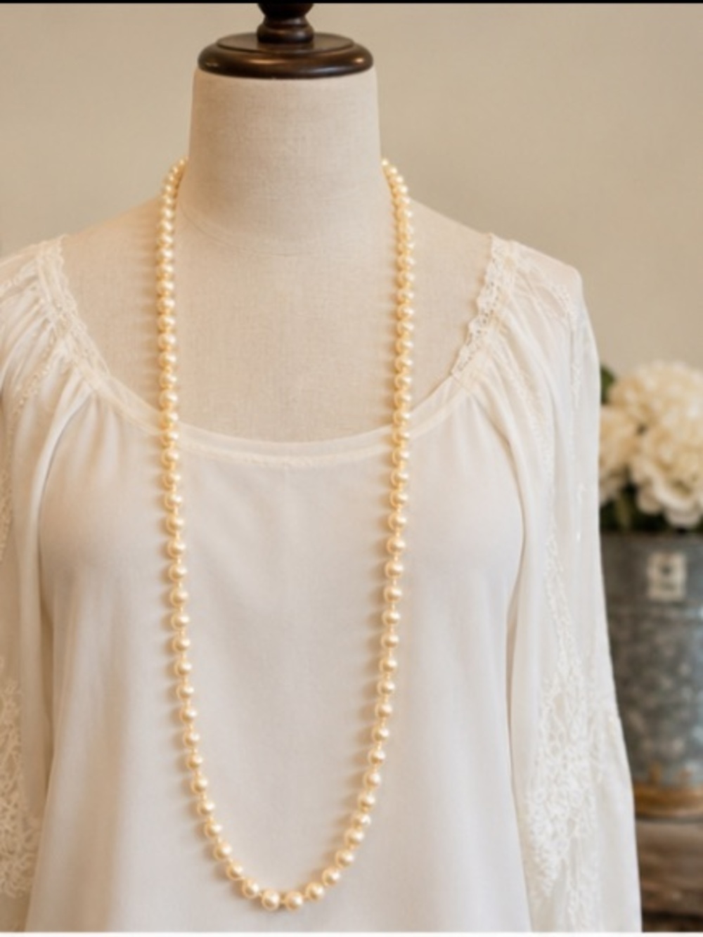 Vintage 56” Cream Faux Pearl Necklace Hand Knotted Fishhook Clasp Opera Length - Picture 3 of 9